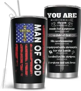 20oz Reusable Stainless Steel Man of God Water Bottle Tumbler with Straw, Lid, Portable Christian Peace-Inspired Gift for Pastors, Holiday Catholic Bible Gift, 1 PCS (Water Bottles for Daily Use)