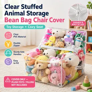 Clear Stuffed Animal Storage Bean Bag Chair Cover for Kids, Large Waterparoof Beanbag Chair Cover with Zipper, PVC Bean Bag Chair for Children Plush Toys Storage & Organizing, Clear Good Quality & Material