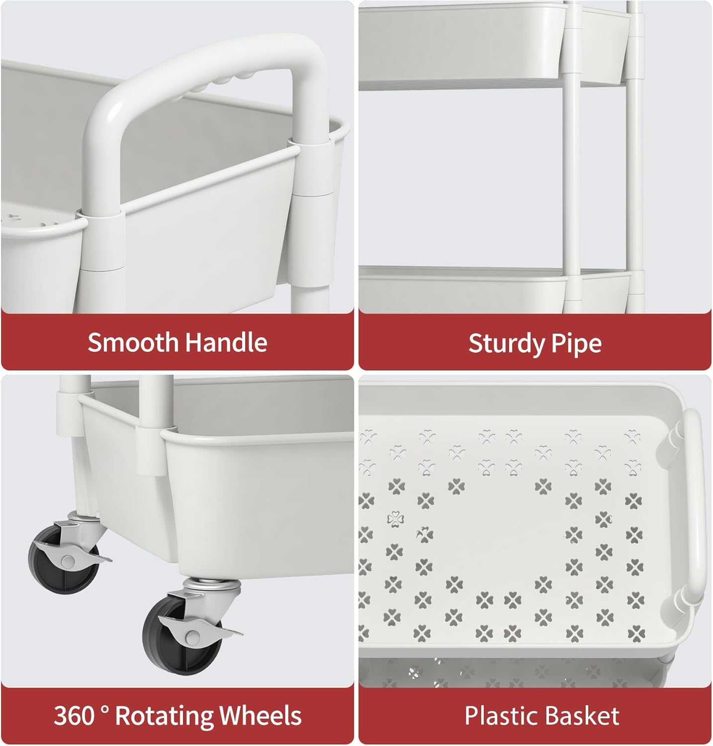 Sywhitta 4-Tier Plastic Rolling Utility Cart with Handle, Multi-Functional Storage Trolley for Office, Living Room, Kitchen, Movable Storage Organizer with Wheels, White