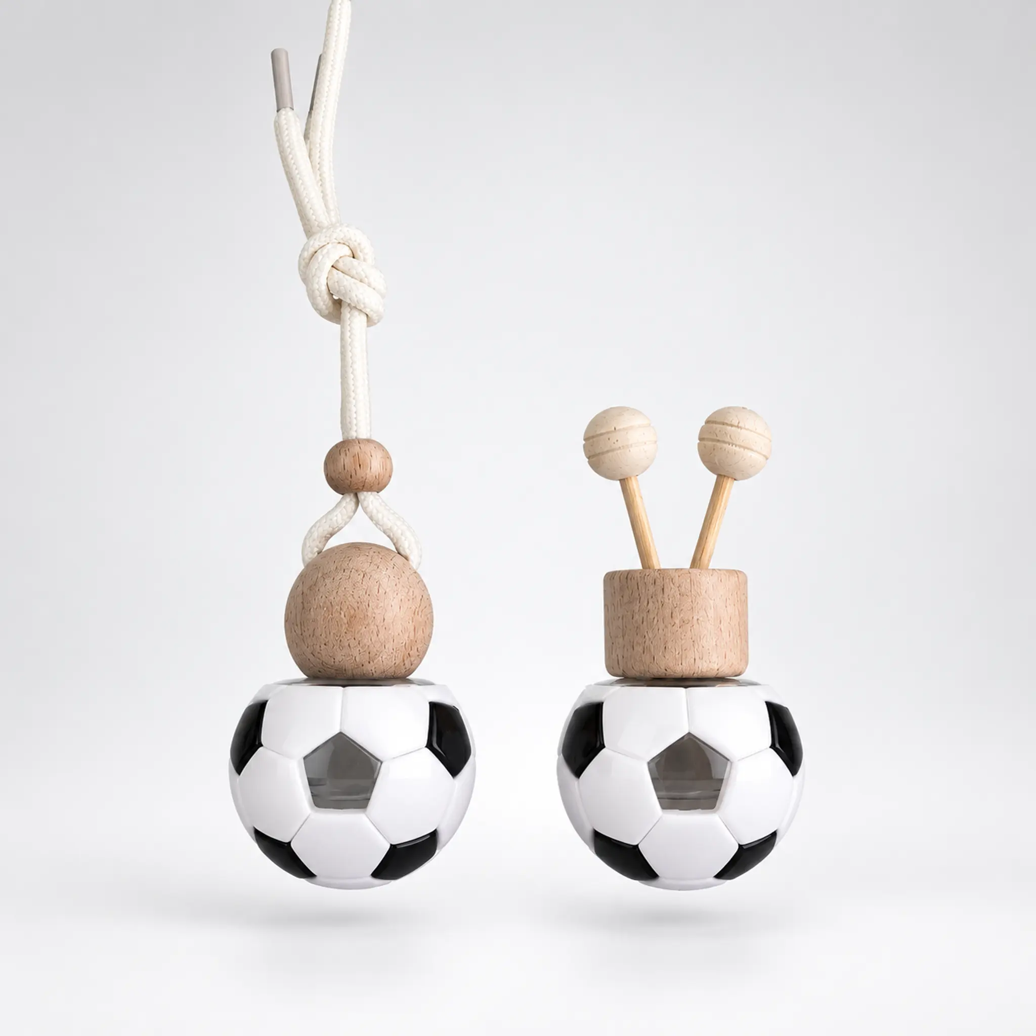 2-Pack Decorative Football-Shaped Empty Glass Diffuser Bottles, Refillable DIY Clip-On Fragrance Holder with Vent Clip & Hanging Ornaments, Sporty Interior Decor