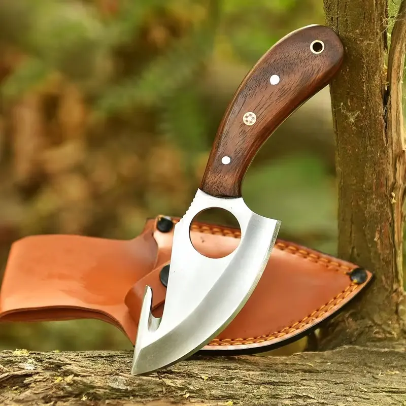 Full Tang Hunting Knife 1075 D2 Carbon Steel & Rosewood Handle – Blacksmith Made Camping Knife with Leather Sheath