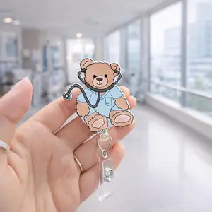 Cute Nurse Badge Reel Teddy Bear, RN Badge Holder, Retractable ID Clip, Nurse Gift, CNA Medical Badge Reel, Pastel Aesthetic Nurse Accessory