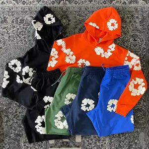 2026 Unisex Y2K Oversized 3D Flower Print Hoodie & Sweatpants Set – Graphic Pullover with Cotton Wreath, Foam Sports Shorts, High Waist Drawstring Shorts, Casual Athleisure & Gym Outfits, Summer Streetwear