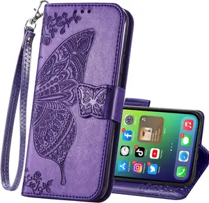 iPhone 17 Pro Max Phone Case Wallet,Women Flip Folio Cover with Credit Card Holders Emboss Butterfly Flower PU Leather Purse Wrist Strap Kickstand Case for Woman Man Purple