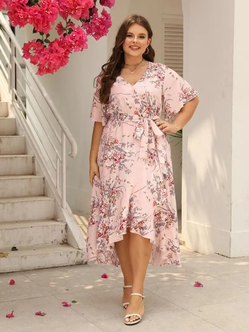 Plus Size Floral Print Ruffle Hem Belted Wrap a Line Dress, Boho Butterfly Sleeve V Neck High Low Midi Dress, Women Clothing for Spring & Fall - TikTok Shop Plus Size Floral Print Ruffle Hem Belted Wrap a Line Dress, Boho Butterfly Sleeve V Neck High Low Midi Dress, Women Clothing for Spring & Fall - TikTok Shop
