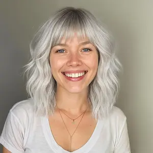 Short Wavy Silver Gray with Dark Roots Wig - 12 Inch Bob Wig with Bangs for Women soft Synthetic Hair Wigs for Girls Daily Party Use