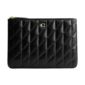 COACH Pouch 29 Leather Clutch Bag for Women, Quilted Chevron with Silver Logo, Zip Closure, Black