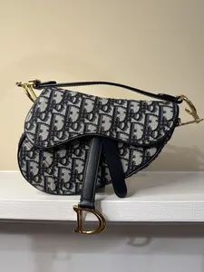 Pre-owned Christian Dior Canvas Mini Bags Mini Oblique Blue Beige Saddle Bag