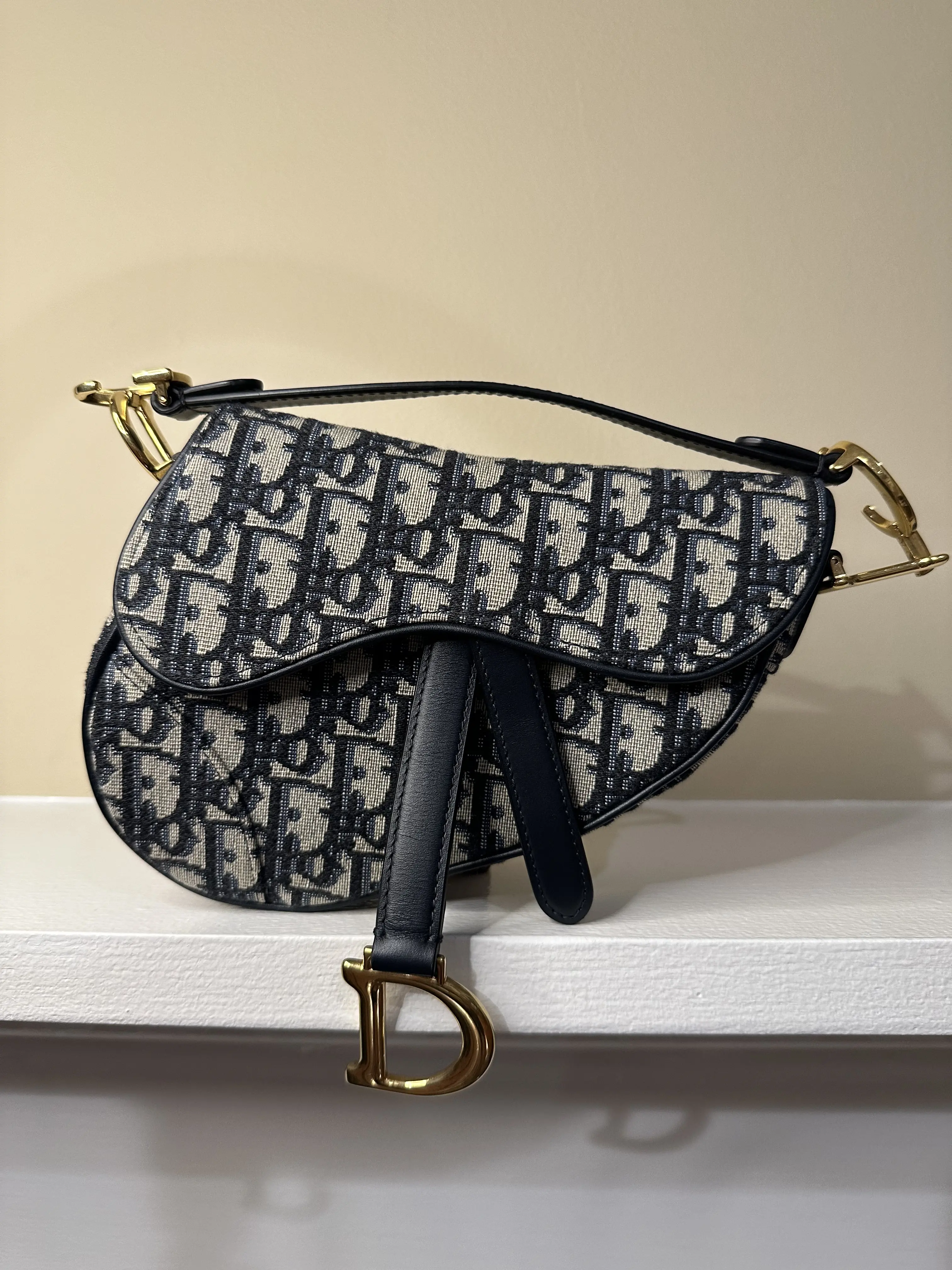 Pre-owned Dior Canvas Mini Bags Christian Mini Oblique Blue Beige Saddle Bag