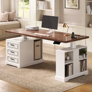 SEDETA 63 Inch Farmhouse Electric Standing Desk with 3 Drawers Storage Shelves Height Adjustable Computer Desk with Power Outlets