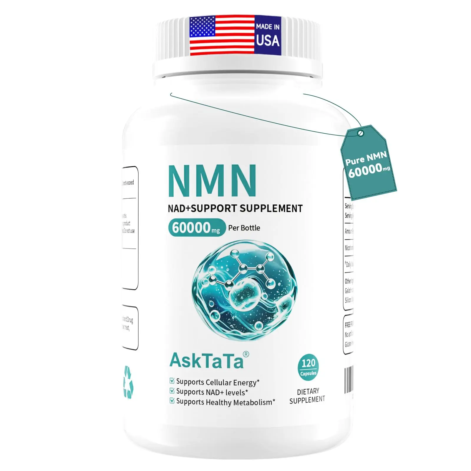 AskTaTa Pure NMN Supplement 60000mg, Supports Cellular Energy & NAD+ Balance, Daily Body Wellness & Immune Support, 120 Capsules, 60 Days Supply