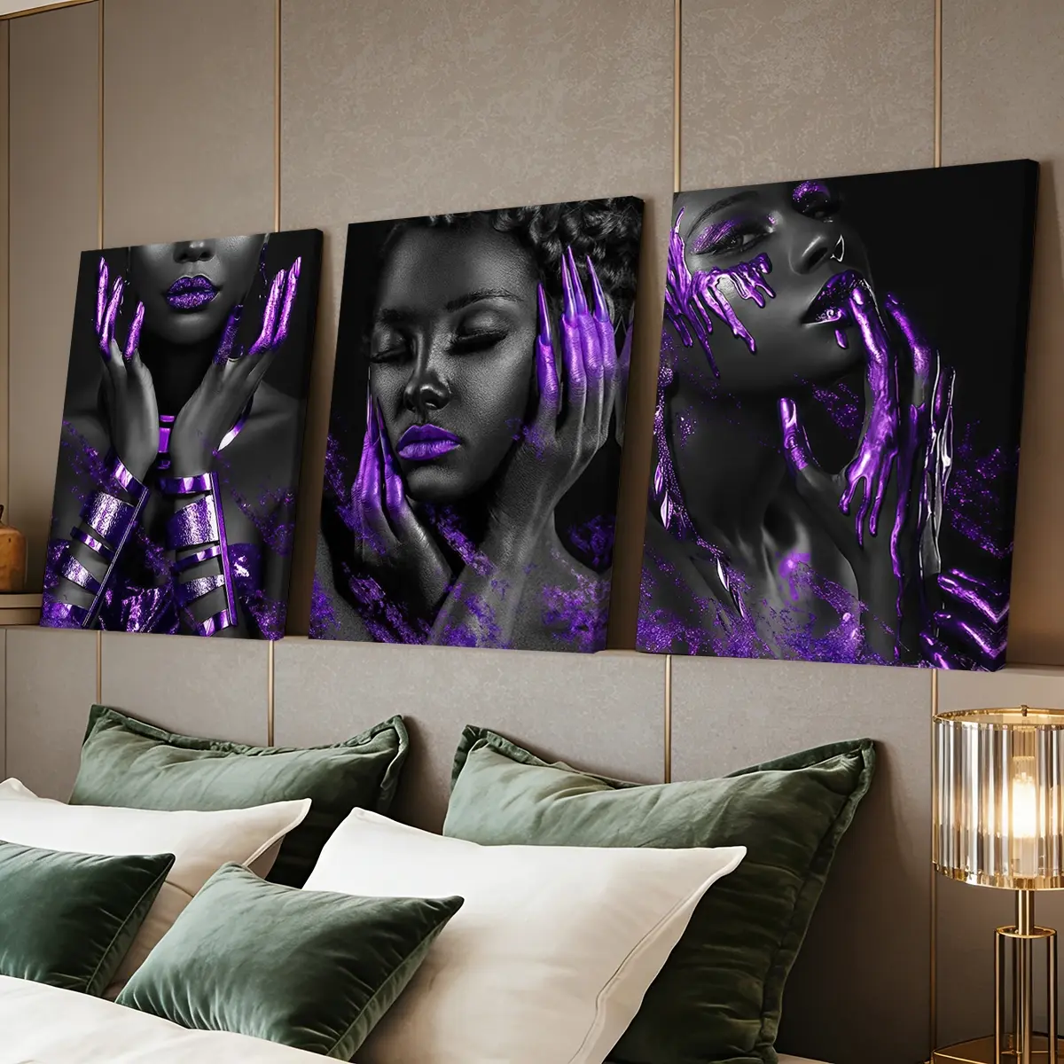 3 Counts Wooden Framed Canvas Painting, Purple Metallic Body Art Images, Artistic Poster, Living Room Decoration, Modern Home Decor, Fashion Family Poster, Wall Art Decoration, Waterproof Art, Decorative Wall Art