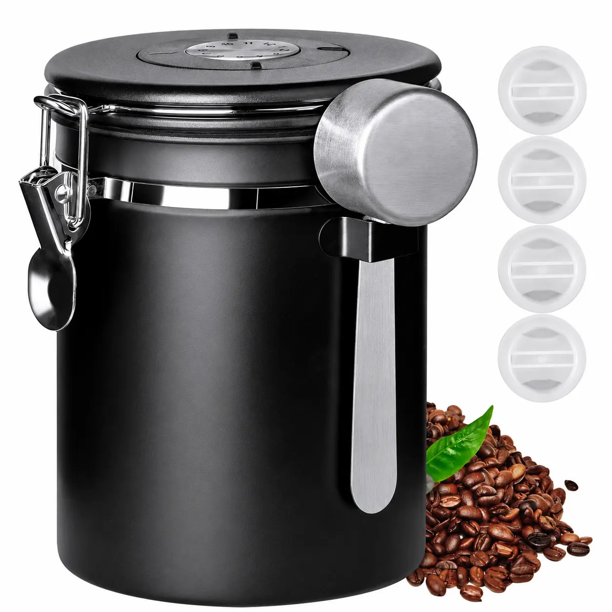 22OZ Airtight 304 Stainless Steel Storage Canister - Kitchen Preserving Container with Date Tracker, Scoop for Coffee, Cereal, Sugar Organization