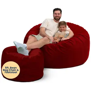 Ultimate Sack 5ft Bean Bag Chair and Footstool Oversized Lounger, Burgundy Suede