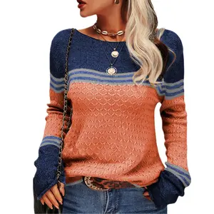 2025Autumn Winter New Women's Fashion Crochet Elegant Commuter Top European American Long Sleeve Knitted Striped Color Block Round Neck Sweater