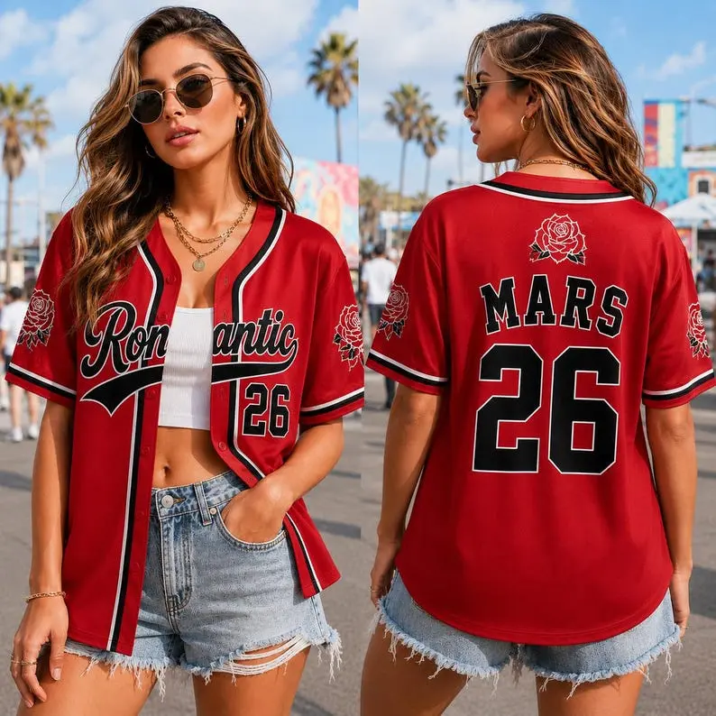 Romantic Red Rose Concert Baseball Jersey, Custom Name and Number Button-Down Shirt, Unisex Music Festival Streetwear, Personalized Fan Gift