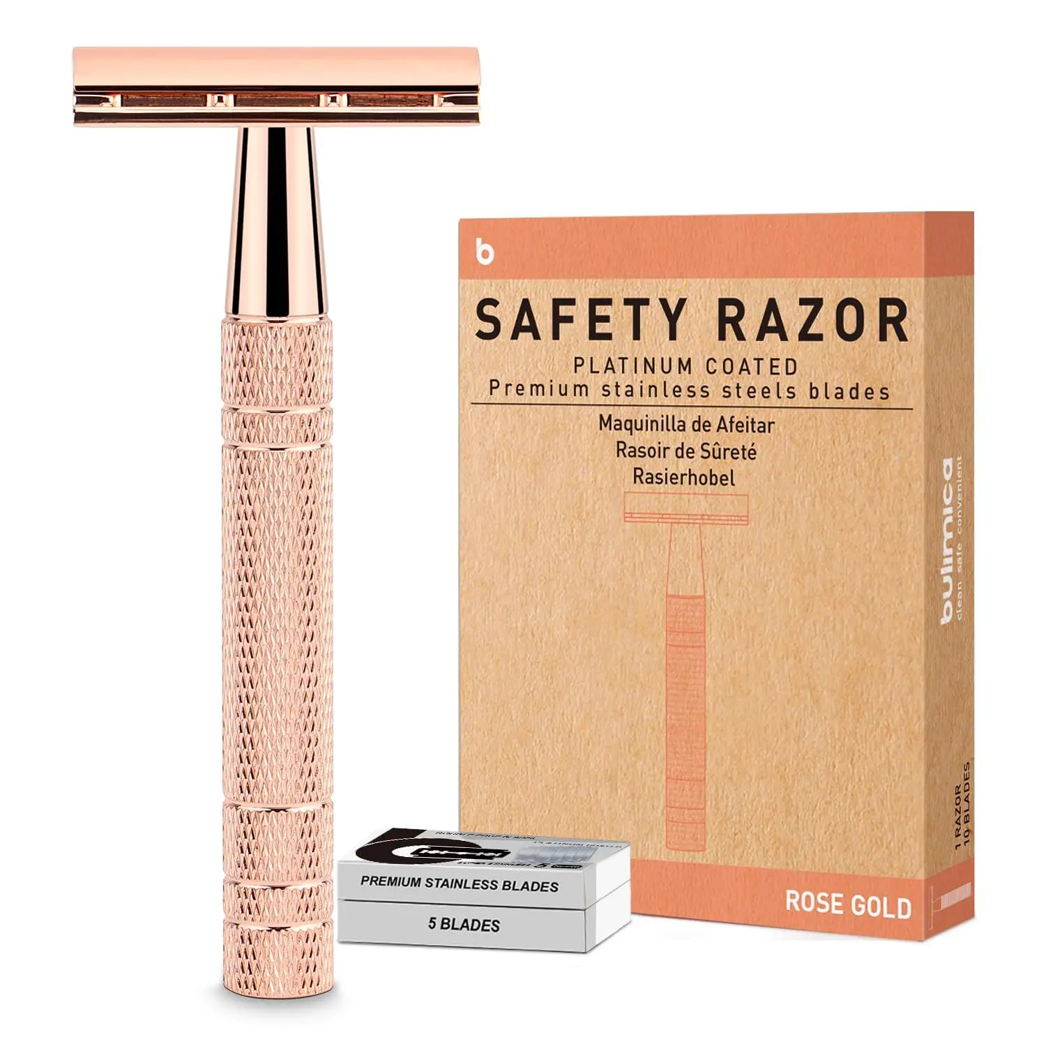 Rose Gold Double Edge Safety Razor for Women, Single Blade Razor with 10 Platinum Coated Blades, Anti-Slip Metal Handle, Reusable, Eco-Friendly, Smooth Close Shaving