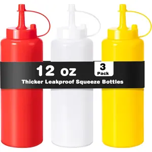 3-Pack 12oz Upgraded Thickened Durable Leak-Proof Condiment Squeeze Bottles for Sauces/Oil/Arts and Crafts, Dishwasher Safe, Multicolor