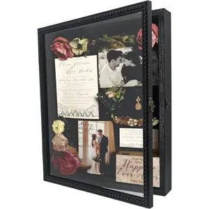Shadow Box 13x16 Front Open with Hinge Designed Display Case with Back, Picture Frame Wedding Bouquet Memorabilia Medals Photos Memory Box for Keepsakes Black