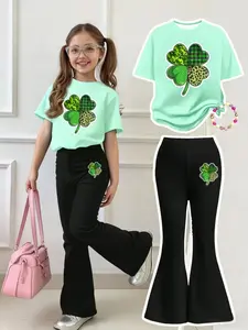 Girls Summer Breathable Comfort Fashion Casual Set, Hat Festival Four Leaf Clover Print, Round Neck Short Sleeve T-Shirt + Bell Bottoms Two-Piece, Casual Outfit Set