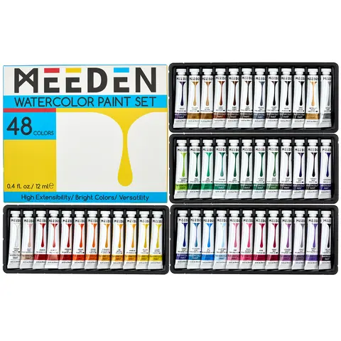 MEEDEN Watercolor Pigment Set - 12/24/48 Colors x 12ml/0.4oz Student Painting Supplies, Nontoxic DIY Safe Paint, Coloring Supplies, Arts Crafts Stationery, Satin Smooth Flow Art School Tool