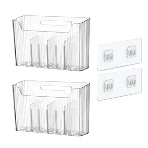 2 Pieces Wall Mount Storage Bins, Plastic Hanging Bin with Self-Adhesive Hooks, Stackable Storage Organizer Holder Basket for Walls, Kitchen, Bathroom, Freezer, Under Sink