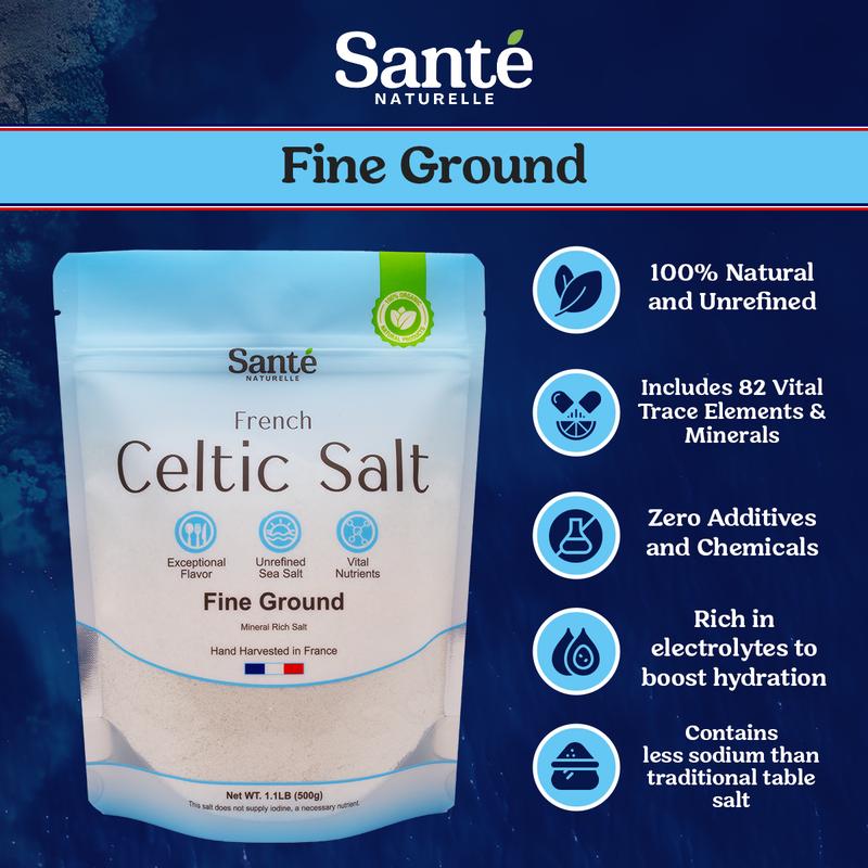Sante Naturelle French Celtic Salt - 1.1lb Hand Harvested Mineral Salt, Grey Coarse & Fine Ground, Rich in Vitamins & Minerals, Versatile Cooking Seasoning Flavor Natural