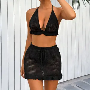 Summer Beach Bikini Cover Up Set Hollow Out Ruffled Sunscreen Mini Skirt Outfit for Vacation Pool Party