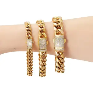 18K Vacuum-gold Plated Miami Cuban Link Chain Hip Hop Jewelry Bracelet with 5A+ Canada Zircon Fashionable Accessory Valentines Birthday Gift for GF Men Women unisex Monaco Mexico & Micro Promise chains For Husband Boyfriend stainless