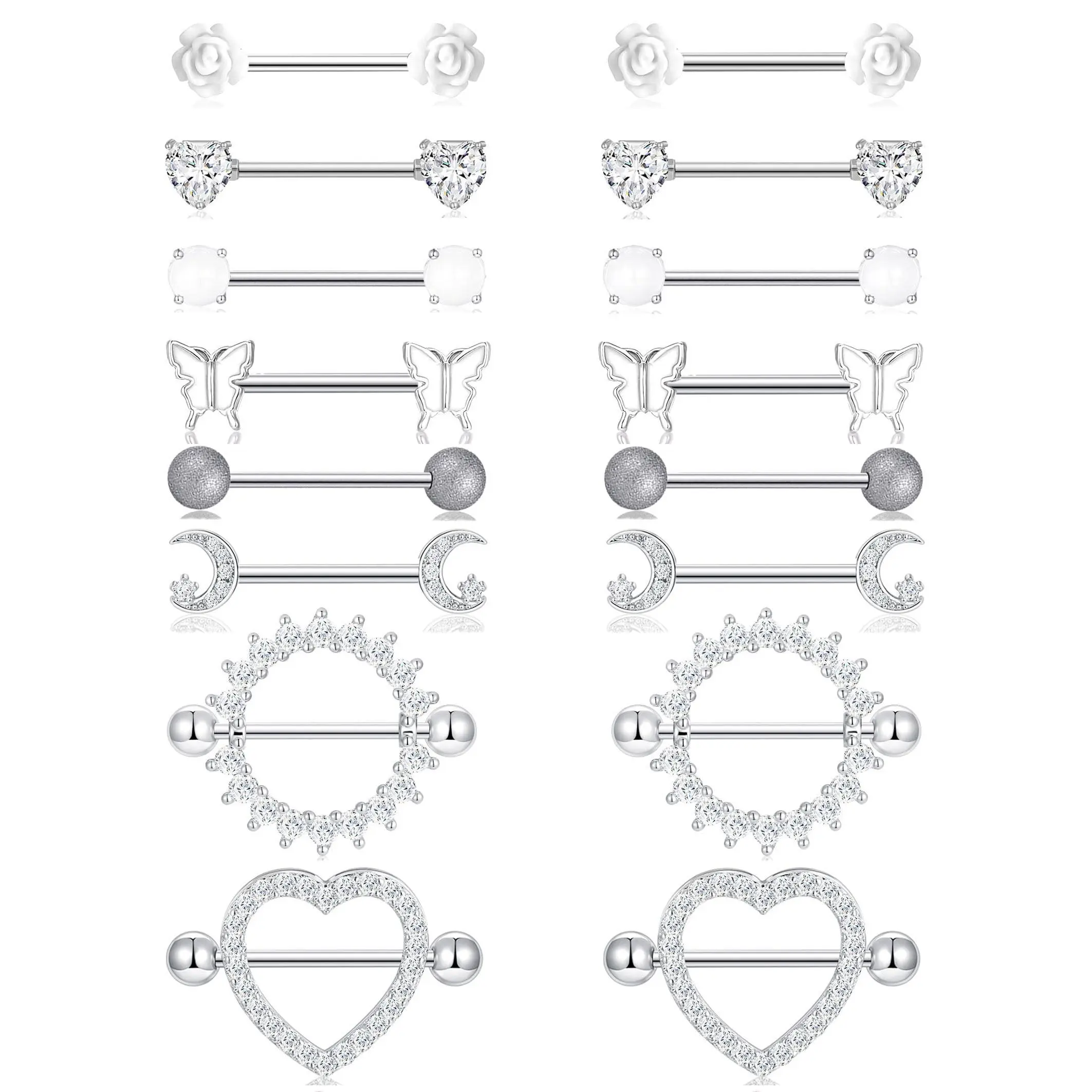 8 Pairs Nipple Rings Tongue Ring 14g Stainless Steel Cz Ball Butterfly Cherry Heart Straight Barbells Body For Women Red Pink Tone 16mm