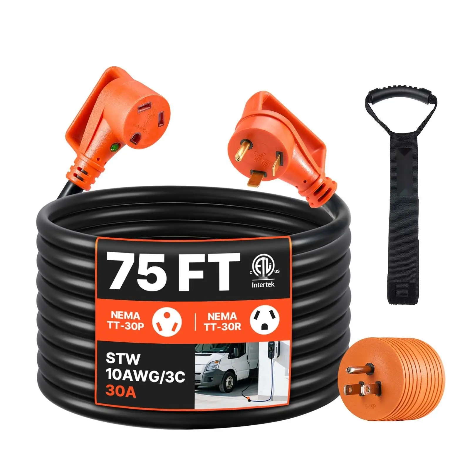 75 Ft 30A RV Extension Cord STW 10AWG 3-Wire Cable with NEMA TT-30P TT-30R Plugs, Outdoor All-Weather Heavy-Duty Power Extension for RVs, Campers, and Trailers, ETL Listed and Weather-Resistant