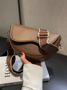 Vintage Solid Color Saddle Bag, Full Strap Crossbody Bag, Colorblock Wide Shoulder Straps, Stylish and Versatile Handbag