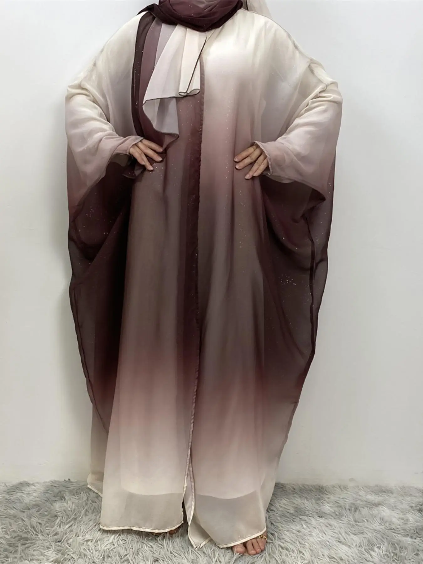 Women's Glitter Ombre Print Batwing Sleeve Abaya & Ruffle Hem Hijab Set, Modest Casual Long Sleeve Open Front Muslim Robe & Hijab, Women's Islamic Clo