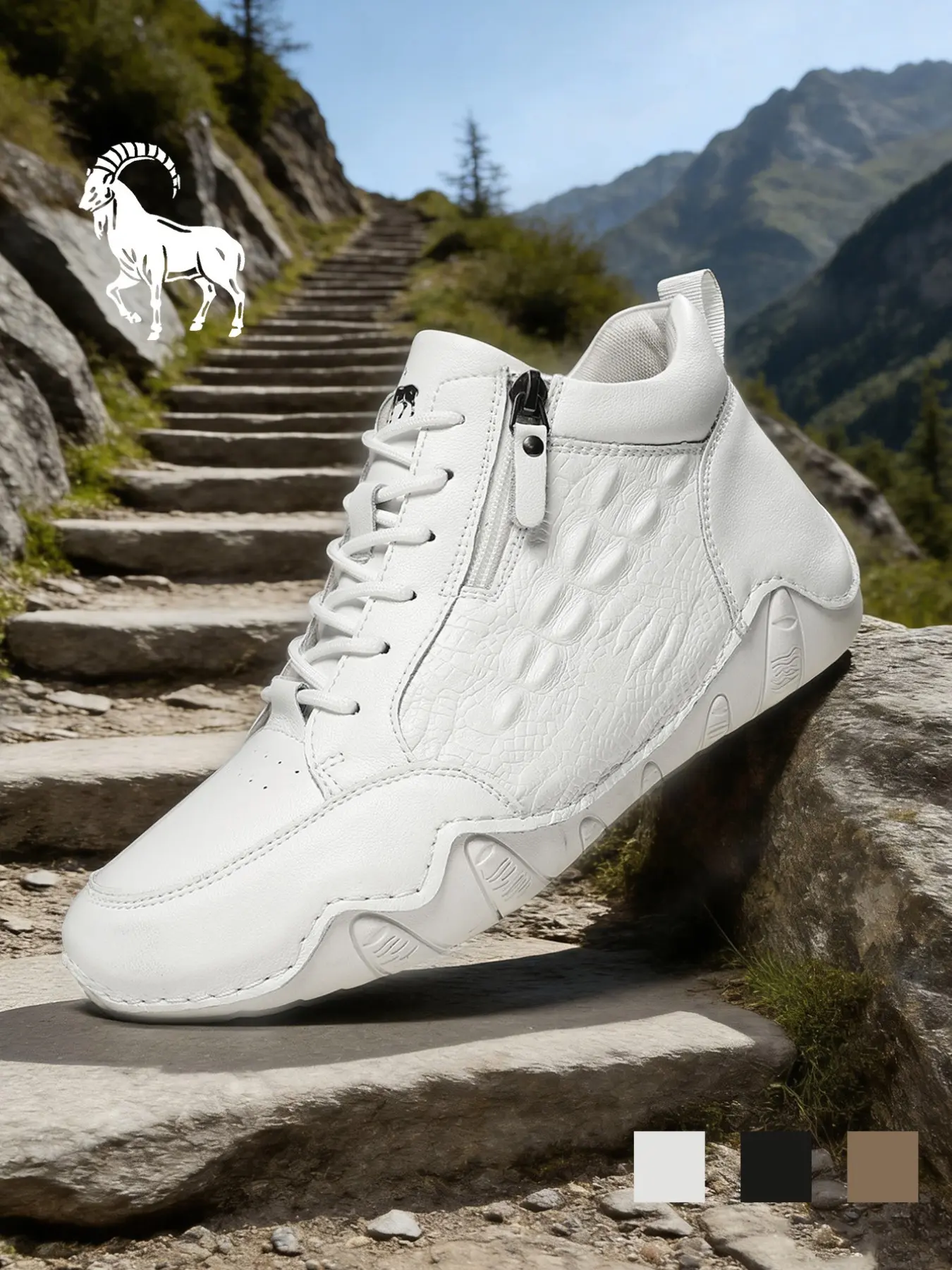 Men's Hiking Boots, Lightweight Non-Slip Biker Boots Cushioned Breathable Side Zipper Alligator Pattern Ankle Boots, Lace-Up Retro Athletic Outdoor Hiking Shoes, All Seasons White Vegan Leather Wide Width Boots for Hiking, Camping, Travel & Casual Wear