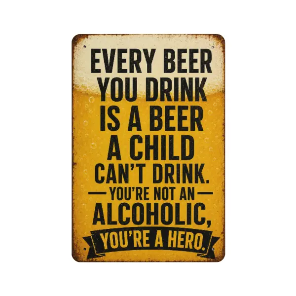 "Every Beer You Drink Is a Beer a Child Can’t Drink – You’re a Hero, Not an Alcoholic" Funny Metal Sign |     8x12 Inch Rustic Aluminum Wall Decor for Man Cave, Home Bar & Garage |     Pre-Drilled Holes, Easy to Hang |     Sarcastic Gift for Beer Lovers