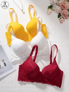 3pcs Push up lace bra that fits closely with adjustable straps and wide side wings for slimming underarm control and all day comfort