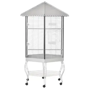 77" Flight Bird Cage – Hexagon Covered Canopy Portable Aviary with Storage, 6 Rolling Casters, 2 Large Doors, Pull-Out Tray, 0.5" Wire Spacing