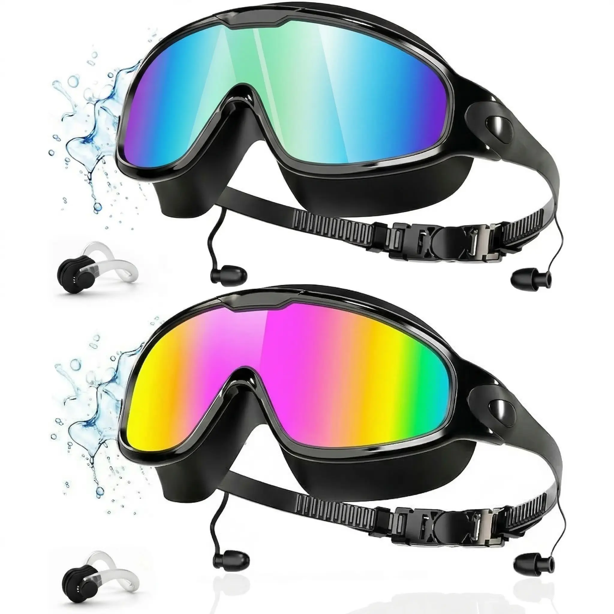 Swim Goggles 2 Pack, Wide View Anti Fog&UV Swimming Goggles for Audlt, No Leak Pool Beach Essentials for Men Women