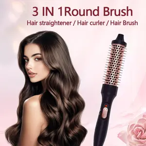 Professional 3-in-1 Ionic Hair Straightener and Curler, Anti-Scald Heat Brush 110-240V, US Plug, for Dry Hair, Multi-Functional Roller Brush for Curls and Straightening Christmas Gift