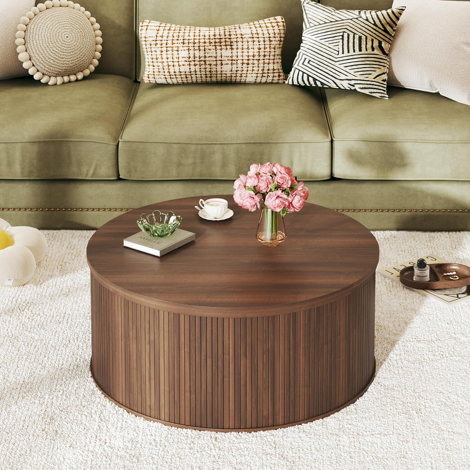 Round Coffee Table with Storage, 31.5" Lift Top Coffee Table, Mid Century Modern Coffee Tables for Living Room, Apartment Office, Fluted Table with Rustic Wood Desktop, Walnut Round Coffee Table with Storage, 31.5" Lift Top Coffee Table, Mid Century Modern Coffee Tables for Living Room, Apartment Office, Fluted Table with Rustic Wood Desktop, Walnut