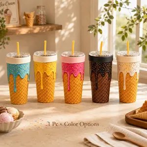 32oz Ice Cream Cone Aesthetic Cold Cup, Universal Coffee Ice Cup Cooler, Sprinkle Print Double Wall Stainless Steel, Keeps Drinks Cold 12H+, Dopamine Summer Travel Cup for Office, Car, To Go Iced Coffee Use