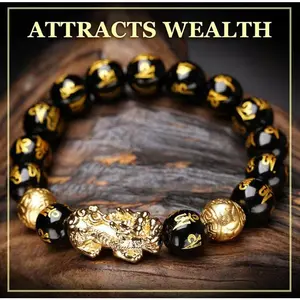 [LuckyVibes Studio]Feng Shui Obsidian Bracelet with PiXiu Obsidian Wealth Adjustable Money Lucky Bracelets For Women Men Faith Wear Jewelry chinese feng shui, Handmade Accessory, Golden Original Good Luck Gift for Family, Lovers