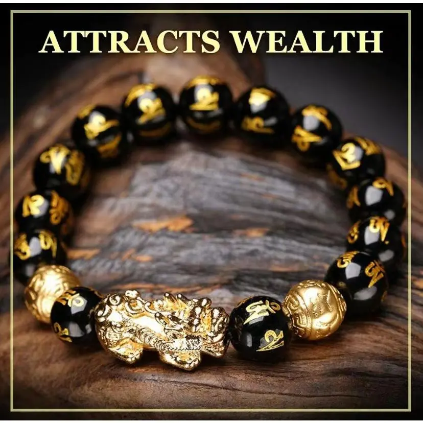 Unisex Adjustable Black Obsidian Beads Bracelet with Gold-Plated Pi Xiu Charm - Chinese Feng Shui Amulet, Calm Energy Stone, Chakra Aligning Handmade Costume Jewelry for Wealth & Good Luck, Handmade Jewelry