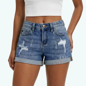 Women's Ripped Denim Shorts Mid Rise Distressed Stretchy Short Jeans GPS2001 Cuffed Hem Tummy Control Comfort Shorts Casual Basic Bottom Womenswear