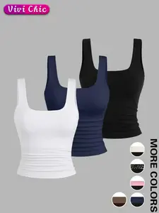 Women's Leopard Print & Plain Square Neck Tank Top, Casual Sleeveless Top for Summer, Ladies Clothes for Daily Wear