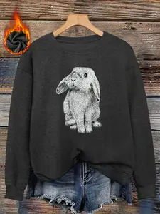 Women's Rabbit Pattern Print Faux Sweater Long Sleeve Round Neck Pullover, Soft Elastic Fabric, Casual Fall & Winter Top