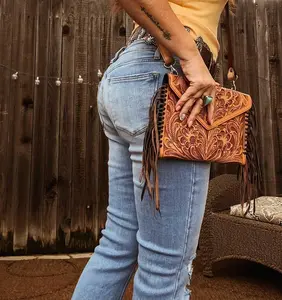 [CLEARANCE] Virginia Feans Calf Skin Handmade Leather Crossbody Clutch with Fringes Hand Tooled Artisan Made 10x7x2 Inches Genuine Leather with Rich Hand Tooling. FREE GIFT: Letter Shaped Charm Included