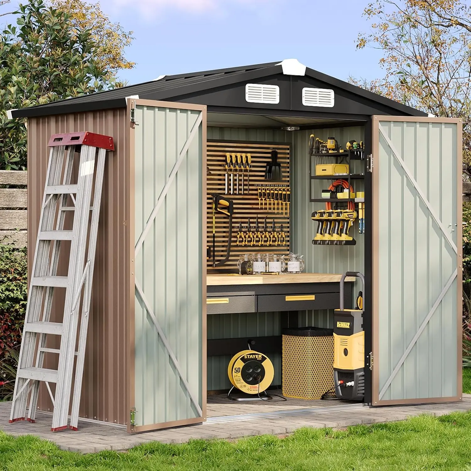 Aoxun 6x4FT Outdoor Storage Shed Brown | Metal Garden Tool Shed with Sloping Roof & Lockable Door for Garden, Patio, Backyard