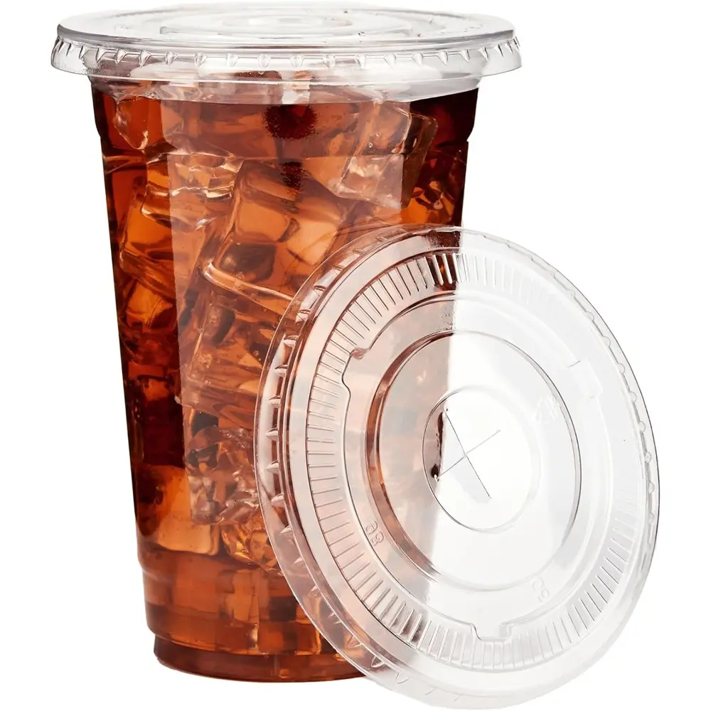 100 Pack Clear Plastic Cups With Lids, Disposable Iced Coffee Cups With Flat Lids, Crystal Smoothie Cups For Party, Lemonade Stand, Cold Drinks, Juice, Milkshake, 100 oz.