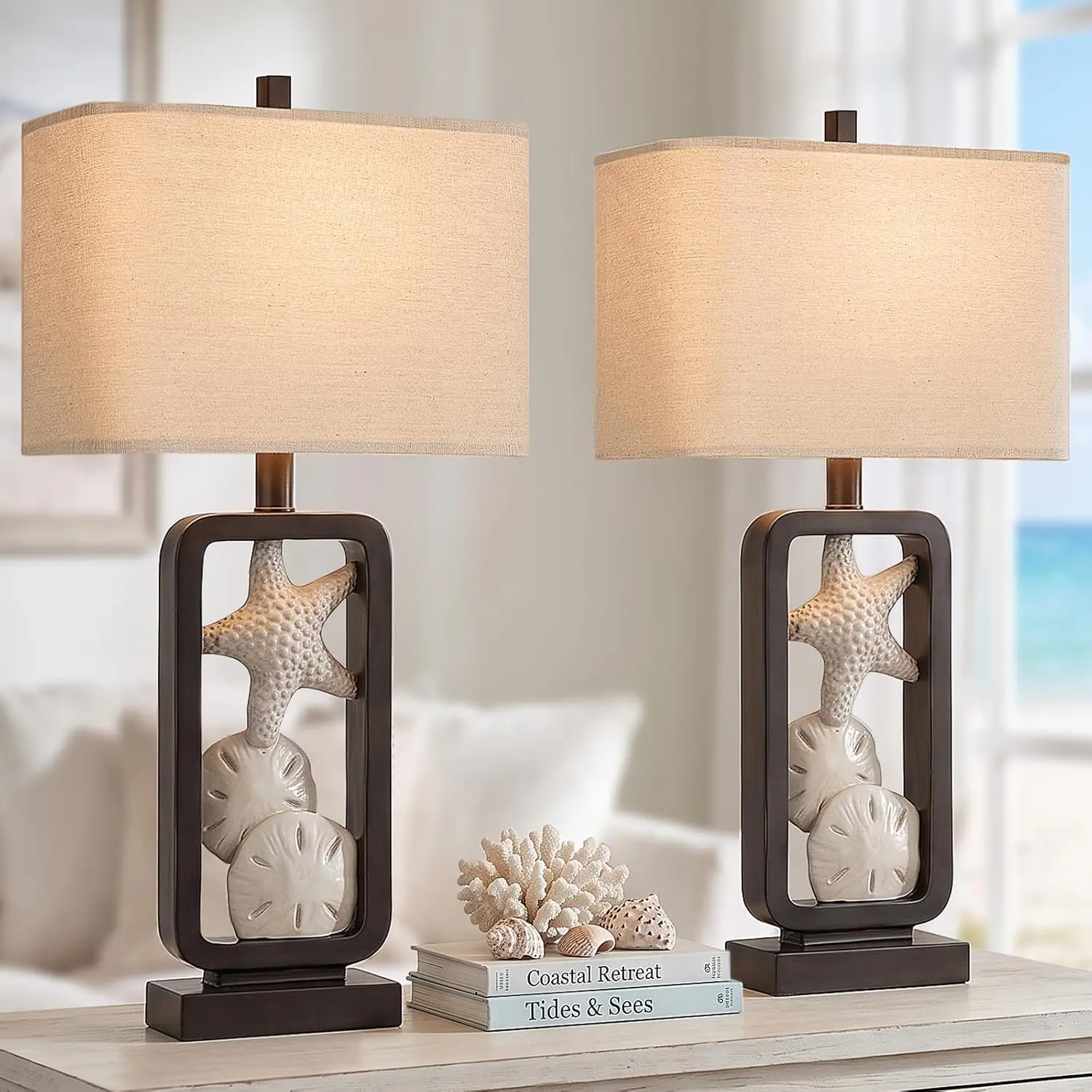 26" Coastal Starfish Table Lamps with 2 Bulbs for Living Room Set of 2 Nautical Lamps for Nightstand Bedroom Studyroom Office Decor End Table Side Table